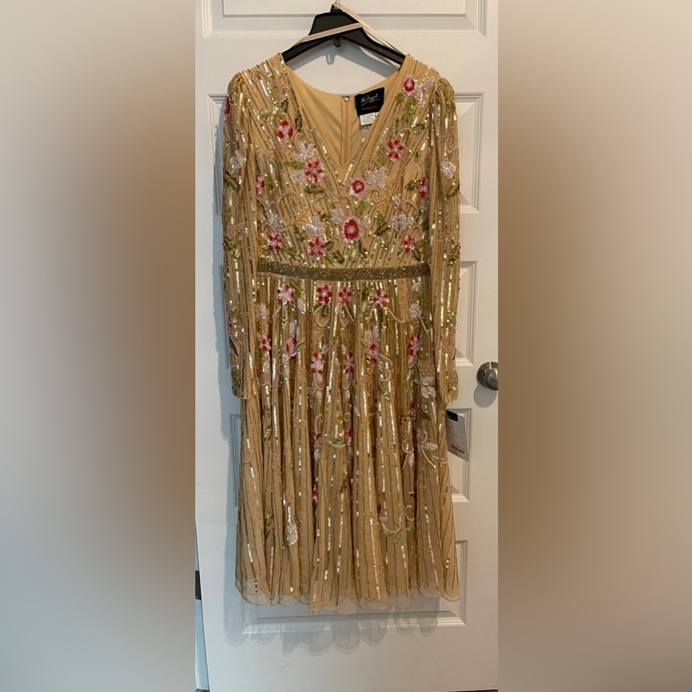 Mac Duggal golden floral beaded formal dress sz 16